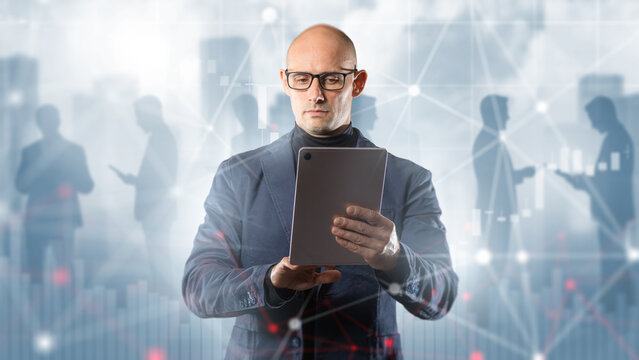 Business professional uses tablet with digital network and market data overlay, representing data-driven decision making, financial analysis and corporate technology. - Powered by Adobe
