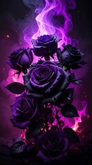 Dark purple roses are ablaze with radiant, magenta, flame-like smoke, radiating mystery and gothic beauty