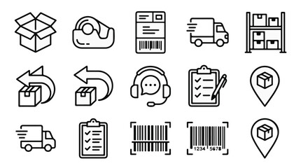 Naklejka premium E-commerce Logistics & Fulfillment Icon Set – Packaging, Shipping, Delivery, Warehouse, Barcode