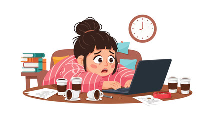 Flat vector illustration of a woman drinking excessive coffee late at night, poor sleep routine and caffeine dependency habit concept