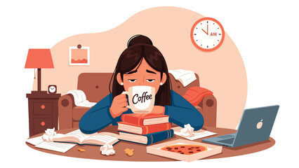 Flat vector illustration of a woman drinking excessive coffee late at night, poor sleep routine and caffeine dependency habit concept
