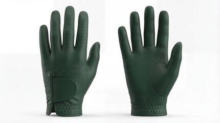 Fototapeta premium Premium Dark Green Golf Glove Pair (Front & Back View) isolated on white background. Leather sports equipment mockup template for professional product advertising.