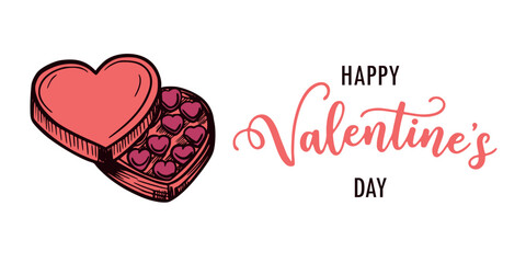 Heart shaped box of chocolates next to happy valentine's day text on white background