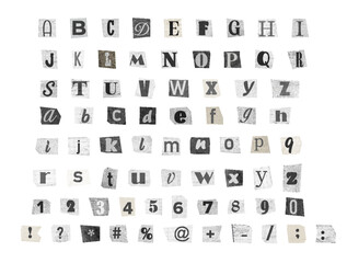Alphabet collection of scrap letters, collage style. Vector font illustration.