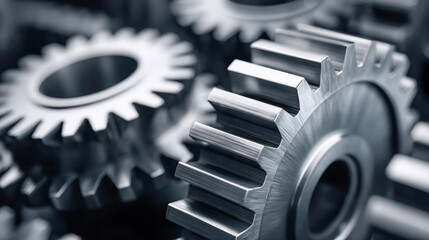 Detailed metallic interlocking gears with polished teeth working together in a close-up industrial machinery concept showing mechanical precision and engineering des
