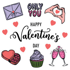 Collage of colorful valentine day icons and text arranged on a white background