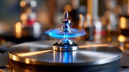 Fototapeta premium High-tech gyroscope levitating on magnetic platform in physics lab experiment with blue glowing light and scientific equipment
