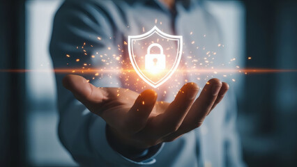 Cyber Security Data Protection Concept: Hand Holding Glowing Shield and Padlock Icon with Bright Digital Flare over Dark Background for Privacy and Secure Network Technology