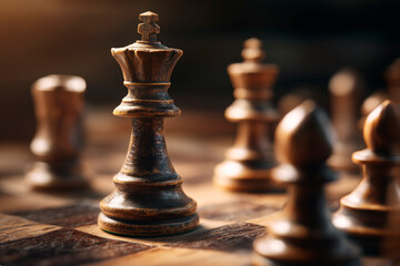 Fototapeta premium King chess piece stands on board, other pieces nearby. Dramatic light illuminates board and chess figures. Game strategy, leadership, and intelligence theme