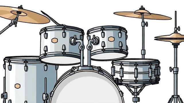 Drum Kit Set Up with Cymbals and Stands White Background