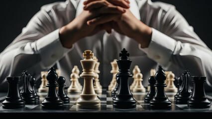 Business strategy and competition concept: Close-up of a professional person planning their next move on a chessboard, hands clasped, symbolizing leadership, decisive action, and corporate rivalry aga