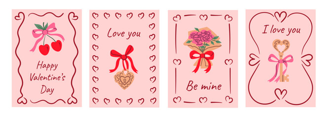 Four romantic Valentine's Day greeting cards with pink backgrounds, hearts, bows, cherries, roses, and key decorations featuring love messages