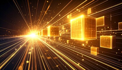 Glowing cubes stream through digital space, leaving behind radiant light trails that symbolize data transfer, connectivity, and technological flow. This futuristic scene represents big data.