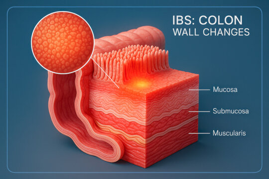 Illustration of IBS Colon Wall Changes Highlighting Mucosal and Submucosal Alterations in the Digestive System