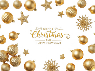 Golden christmas ornaments greeting card isolated on transparent background