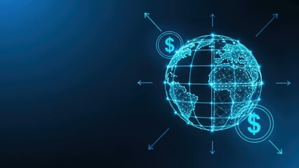 Digital globe with glowing lines and arrows indicating global financial growth and business connections