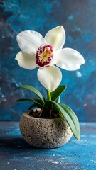 White orchid in stone pot against a blue backdrop. Soft lighting. Center is purple/yellow