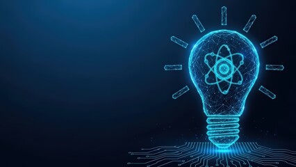 Digital glowing lightbulb with atomic structure inside on a blue circuit board representing technological innovation and scientific discovery