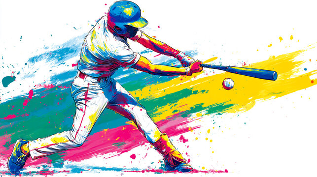 Colorful splash art of a baseball player hitting a ball with a bat
