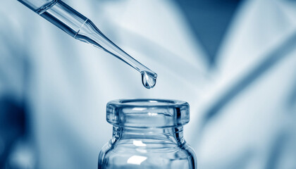Precise liquid transfer in a sterile laboratory setting, with a pipette dropping a solution into a glass vial for scientific analysis and research and discovery