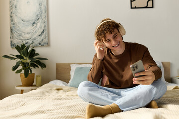 Obraz premium Teenager enjoying music in a cozy bedroom at home with a modern touch