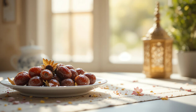 Dates on white plate, soft natural window light, high-key Ramzan concept