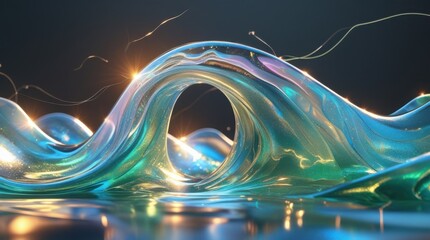 A vibrant and serene digital illustration of a glowing blue wave with sparkling lights