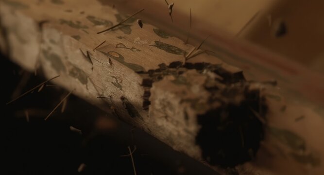 Close-up of damaged, aged wood, particles flying