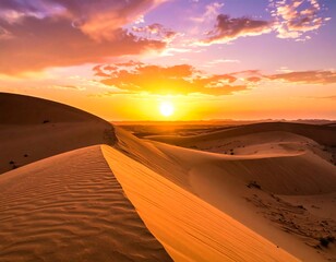 Golden sun sets over rippling sand dunes under a colorful sky with purple, pink, and orange hues