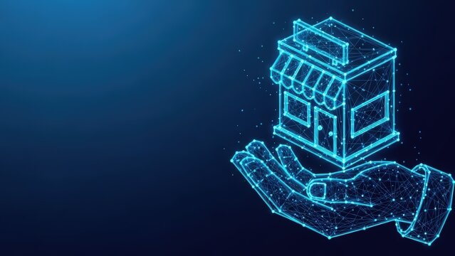 Digital hand supporting a glowing wireframe illustration of a small business storefront on a dark blue background symbolizing growth and entrepreneurship