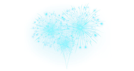 Three turquoise fireworks with flight trails and lush explosions with turquoise dust on transparent PNG background. Fireworks suitable for decoration and celebration design.