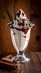 Creamy dessert in glass with chocolate drizzle and vanilla bean, rests on a dark wooden surface