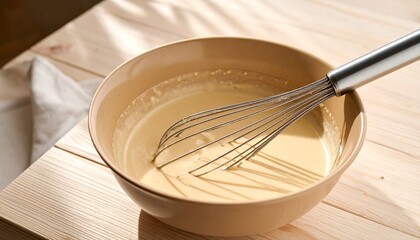 A metal whisk rests in a bowl of smooth batter on a bright wooden surface, showcasing the simple yet essential step of mixing ingredients for homemade culinary creations