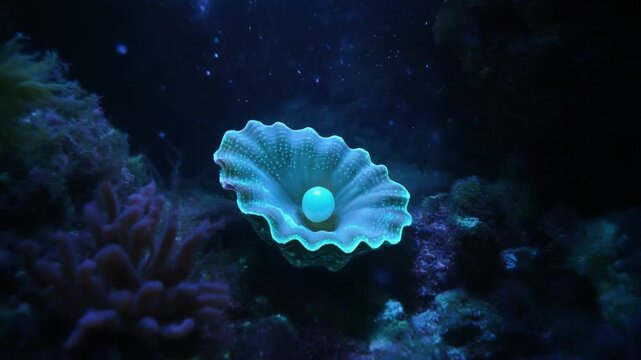 A glowing shell cradles a pearl in deep ocean hues