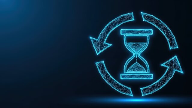Digital hourglass representing a cyclical time process with glowing arrows on a dark blue background