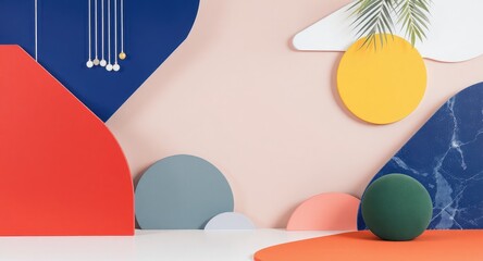 Abstract shapes, vibrant colors, and a sphere