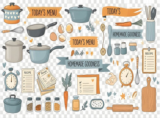 Cooking themed kitchen utensils and ingredients