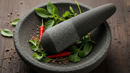 Stone mortar culinary herbs