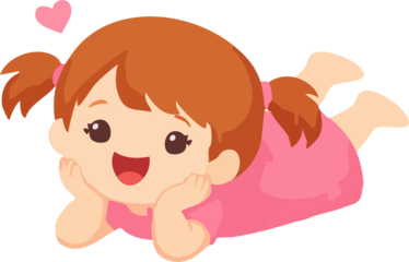 A cute flat illustration of a happy little girl lying on her stomach with her hands under her cheeks, smiling sweetly with a small heart above her head.