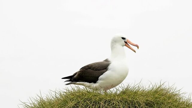 A majestic albatross stands on a grassy mound against a white background.
