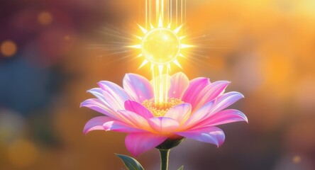 Radiant sunbeam illuminates pink flower