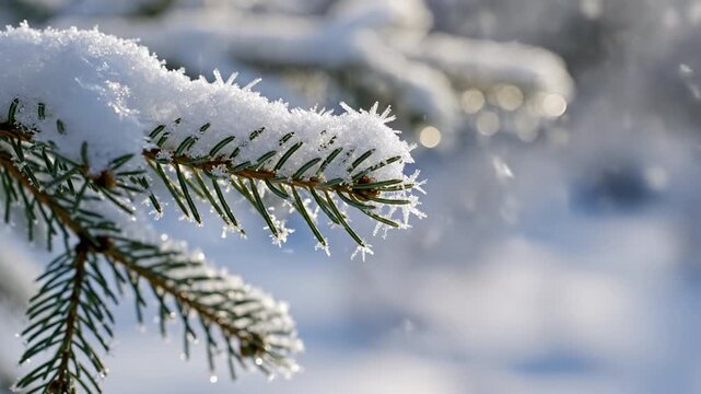 Snow covered evergreen branch with delicate ice crystal frost glistening soft winter light, pine needle close up with falling snowflakes and cold bokeh creating peaceful crisp evergreen winter scene