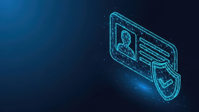 Digital identity card with glowing blue outline and person silhouette on a dark abstract background
