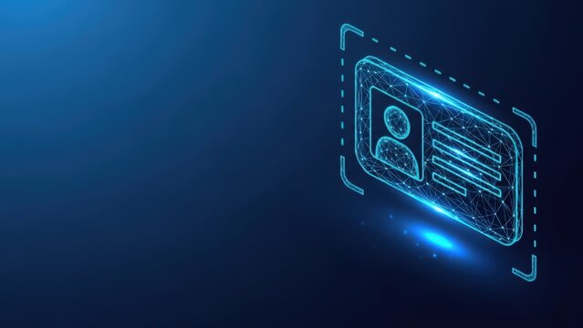 Digital identity card with glowing outline and user profile icon on a dark blue background