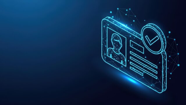Digital identity card with glowing photo and holographic details for access and security on a dark blue background