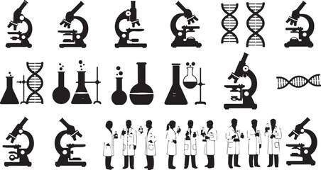 Collection of Science and Medical Icons Featuring Microscopes DNA and Scientists Keywords: microscope, science, laboratory, research, biology, chemistry, medical, health, equipment, technology, D