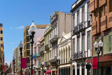 Elegant old buildings and lanterns in shopping street Calle Triana in Las Palmas, Gran Canaria, Canary Islands