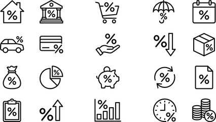 Fototapeta premium Financial Percentage and Interest Rate Outline Icons for Banking, Real Estate, and Sales