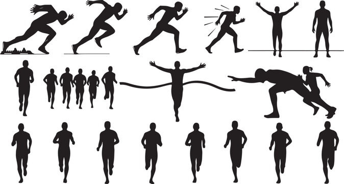 Dynamic silhouettes of runners in various stages of a race from start to finish running athlete