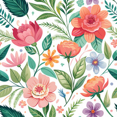 A seamless pattern of watercolor-style flowers and foliage.